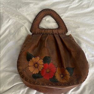 Floral Brown Leather Handbag handmade Large